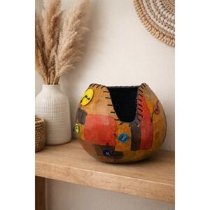 Handcrafted Gourd Art Bowl Patchwork Button Decor Southwestern Boho Vase